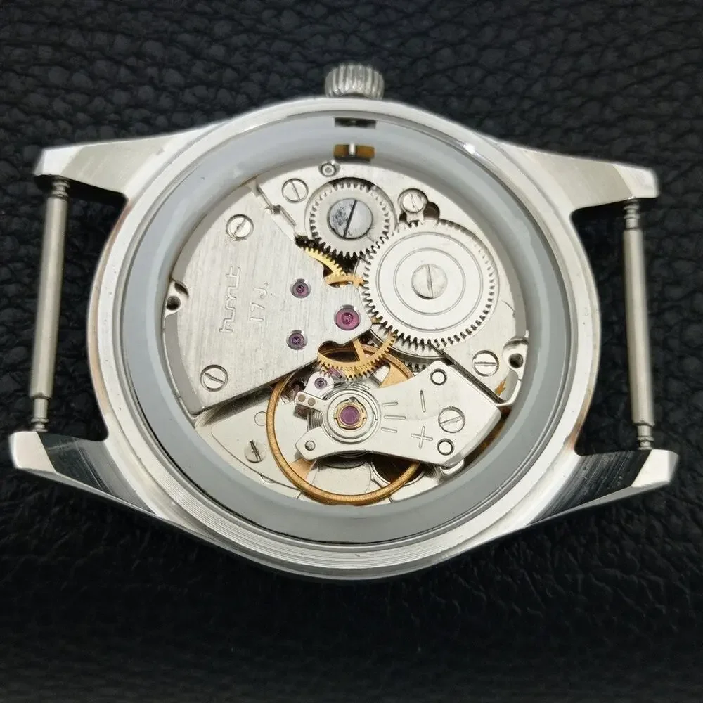 Vintage 1985 HMT Manual Wound Mens Silver Watch & Green accents